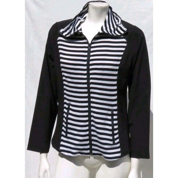Chico's Tops - ZENERGY CHICOS Black White Striped Zip Knit Neema Jacket Top 0 US Womens  Casual
